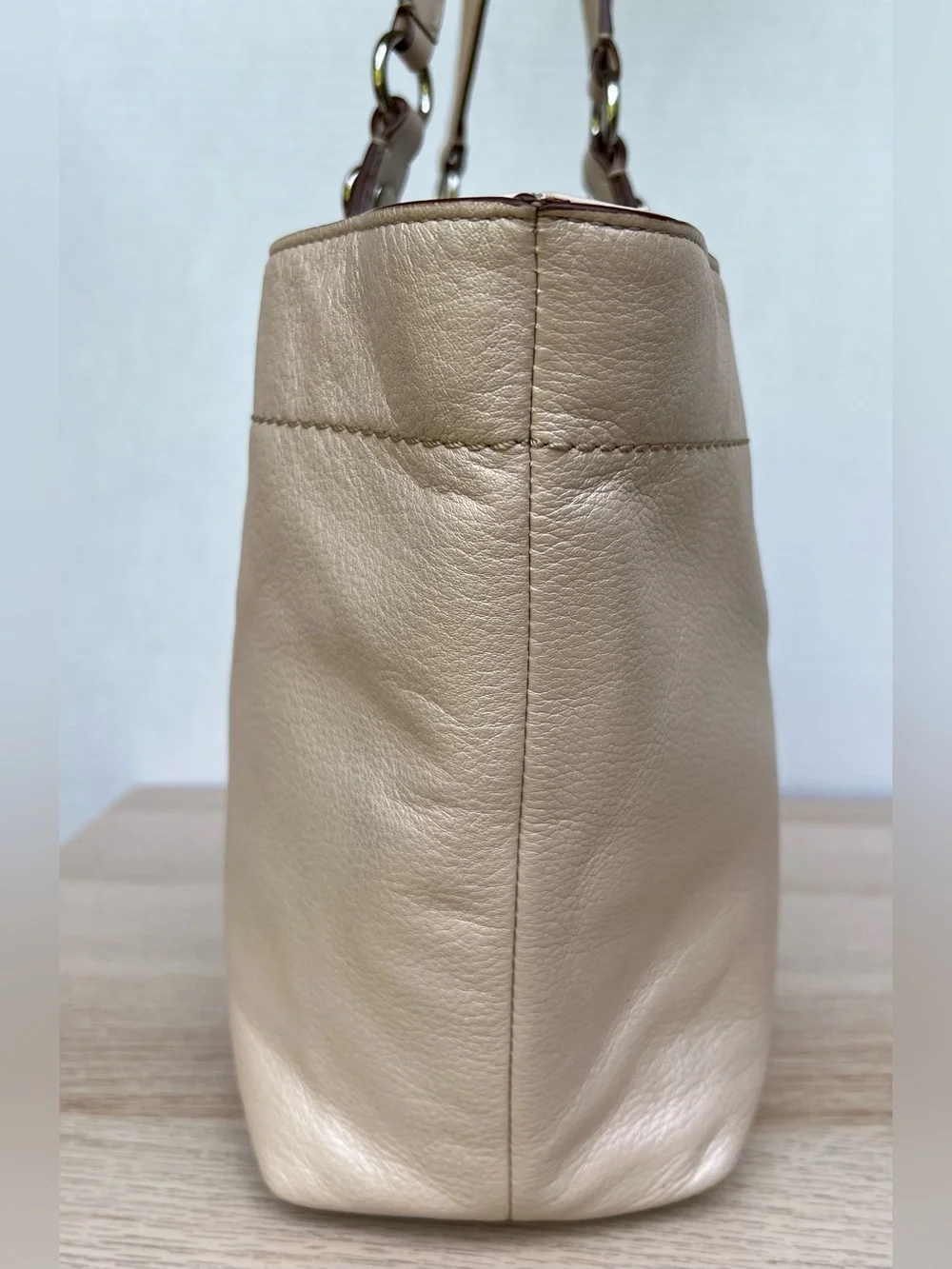 Coach Carly Tote F16174 Pearlized Champagne Shell Leather Shoulder Bag Large
